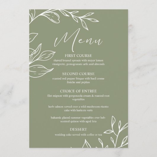 Sage Groene Bloemen Boho Bruiloft Menu (Voorkant)