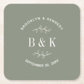 Sage Groene Bloemen Botanische Bruiloft Paar Naam Kartonnen Onderzetters (Voorkant)