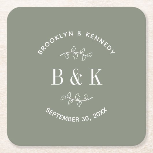 Sage Groene Bloemen Botanische Bruiloft Paar Naam Kartonnen Onderzetters (Voorkant)