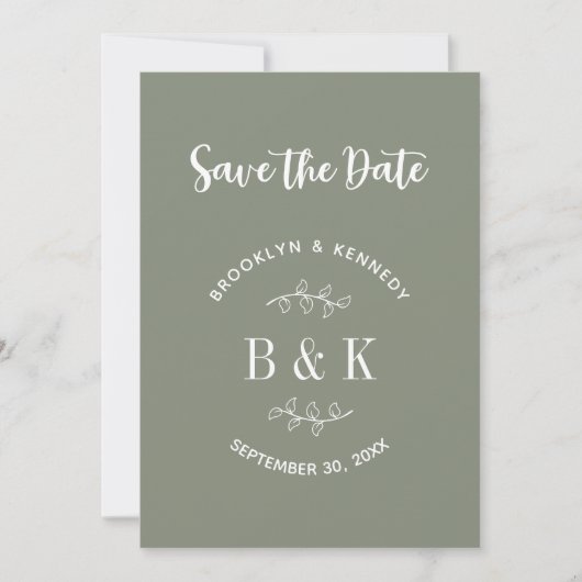 Sage Groene Bloemen Botanische Bruiloft Paar Naam Save The Date (Voorkant)