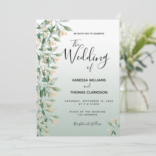 Sage groene bloemen bruiloft kaart (Staand voorkant)