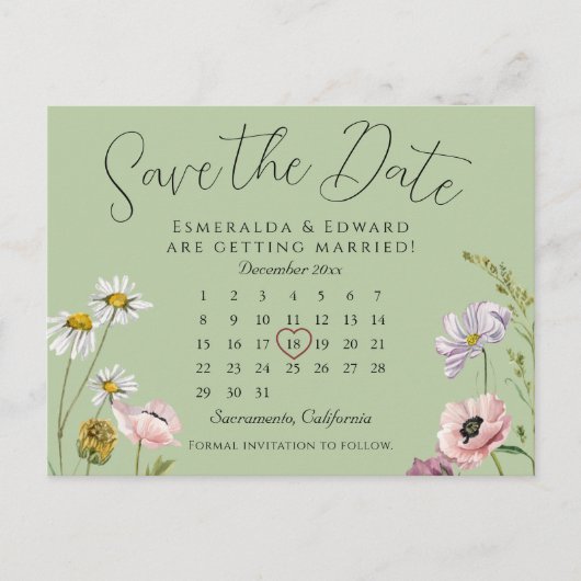 Sage Groene Bloemen Bruiloft Kalender Save The Dat Aankondigingskaart (Voorkant)