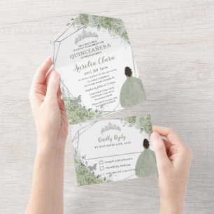 Sage Groene Bloemen Bruin Meisje 15 Zilveren Quinc All In One Uitnodiging
