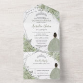 Sage Groene Bloemen Bruin Meisje 15 Zilveren Quinc All In One Uitnodiging (Binnen)