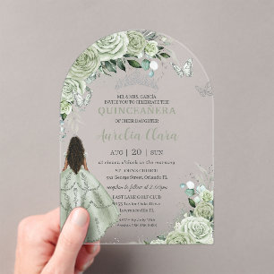 Sage Groene Bloemen Bruin Meisje Quinceañera XV Bo Acryl Uitnodigingen