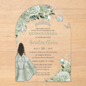 Sage Groene Bloemen Bruin Meisje Quinceañera XV Bo Acryl Uitnodigingen (Voorkant)