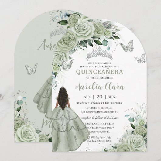 Sage Groene Bloemen Bruin Meisje Quinceañera XV Bo Kaart (Voorkant / Achterkant)