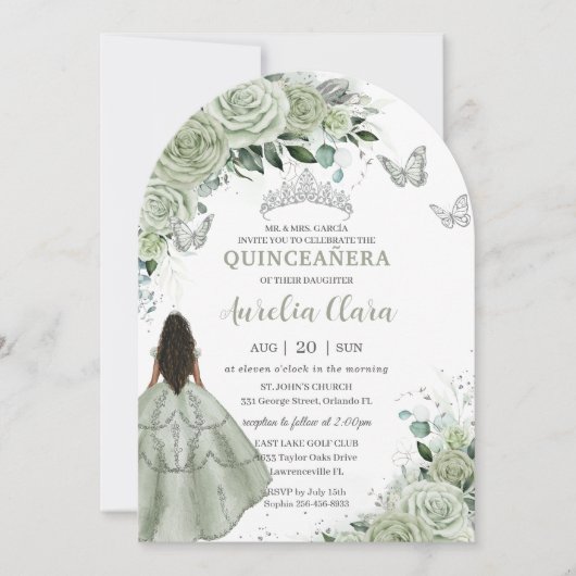 Sage Groene Bloemen Bruin Meisje Quinceañera XV Bo Kaart (Voorkant)
