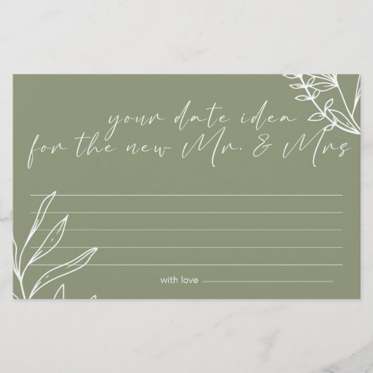 Sage Groene Bloemen Datum Nacht Idee Douche Spel Briefpapier (Voorkant)
