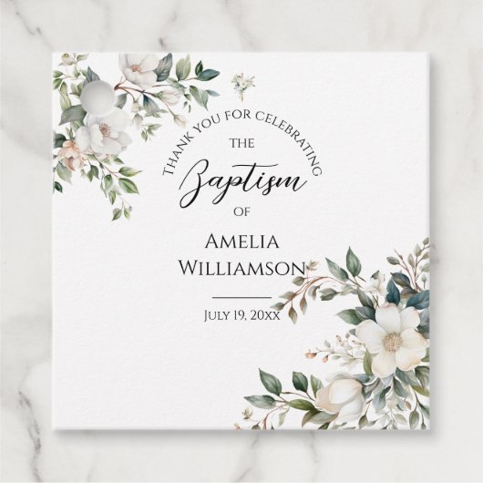 Sage Groene Bloemen Doop Bedankjes Labels (Voorkant)