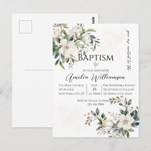 Sage Groene Bloemen Doop Briefkaart (Voorkant / Achterkant)