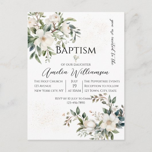 Sage Groene Bloemen Doop Briefkaart (Voorkant)