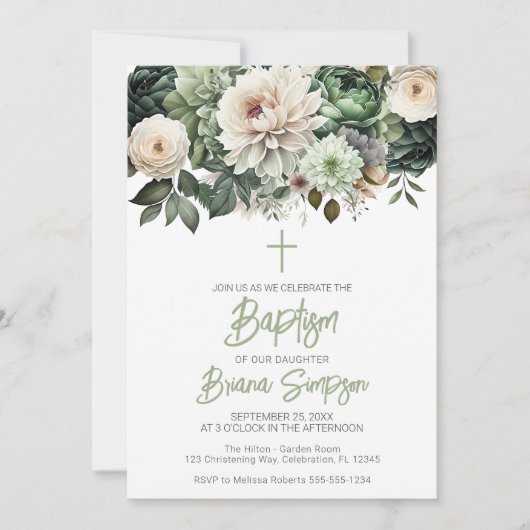 Sage Groene Bloemen Doop Kaart (Voorkant)