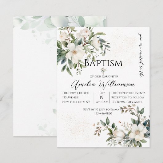 Sage Groene Bloemen Doop Kaart (Voorkant / Achterkant)
