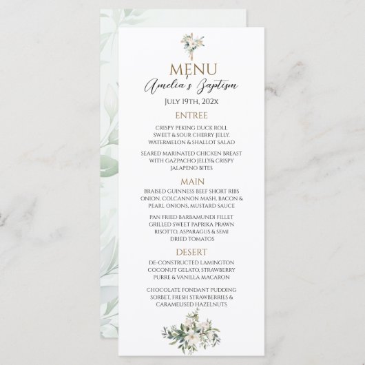 Sage Groene Bloemen Doop Menu (Voorkant / Achterkant)