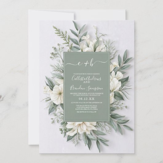 Sage Groene Bloemen Elegante Rustieke Huwelijk Kaart (Voorkant)
