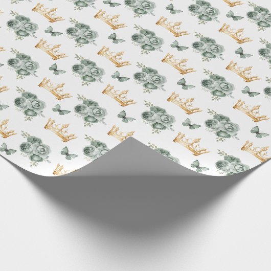 Sage Groene Bloemen en Gouden Kronen Cadeaupapier (Hoek)