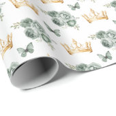 Sage Groene Bloemen en Gouden Kronen Cadeaupapier (Rol Hoek)