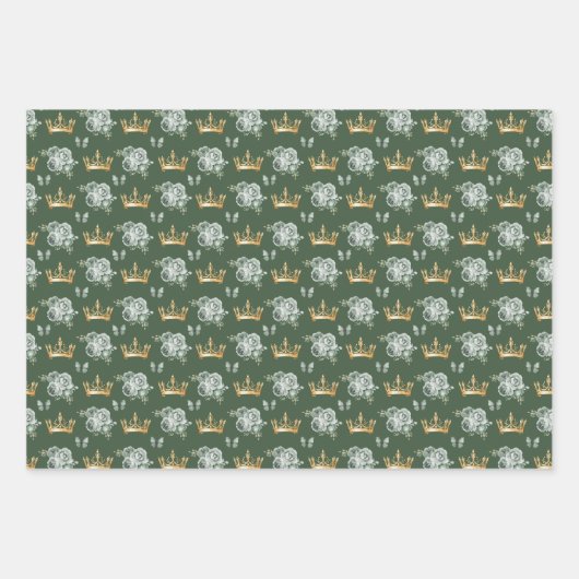 Sage Groene Bloemen en Gouden Kronen Inpakpapier Vel (Voorkant 2)