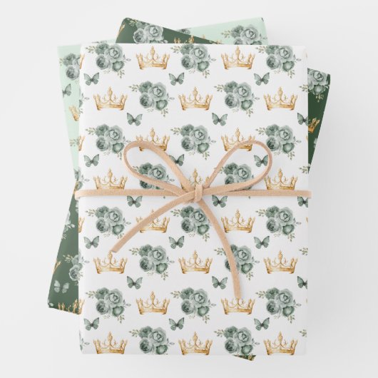 Sage Groene Bloemen en Gouden Kronen Inpakpapier Vel (In situ)