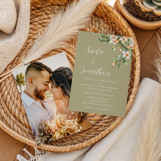 Sage Groene Bloemen Foto Huwelijksuitnodiging Kaart