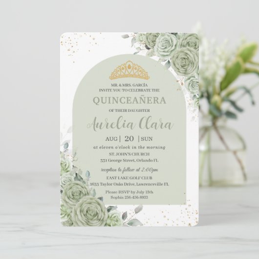 Sage Groene Bloemen Moderne Boog Goud Quinceanera Kaart (Staand voorkant)