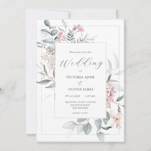 Sage Groene Bloemen Moderne Bruiloft Kaart (Voorkant)