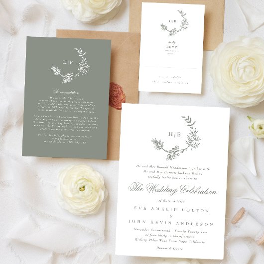 Sage Groene Bloemen Monogram Krans Bruiloft Detail Informatiekaartje
