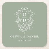Sage Groene Bloemen Monogram Trouwkam Modern Kartonnen Onderzetters (Voorkant)