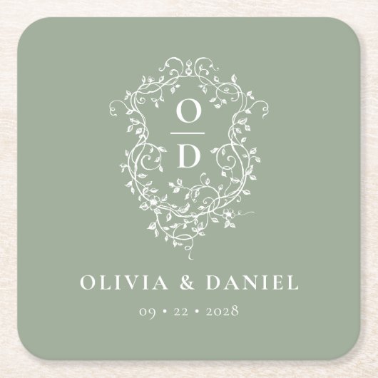 Sage Groene Bloemen Monogram Trouwkam Modern Kartonnen Onderzetters (Voorkant)