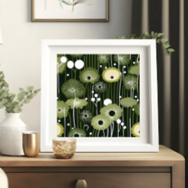 Sage Groene Bloemen op Zwart Poster