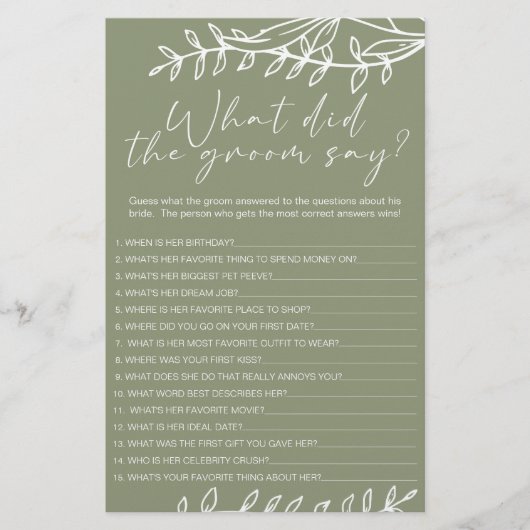 Sage Groene Bloemen Spel Zou de bruidegom zeggen Flyer (Voorkant)
