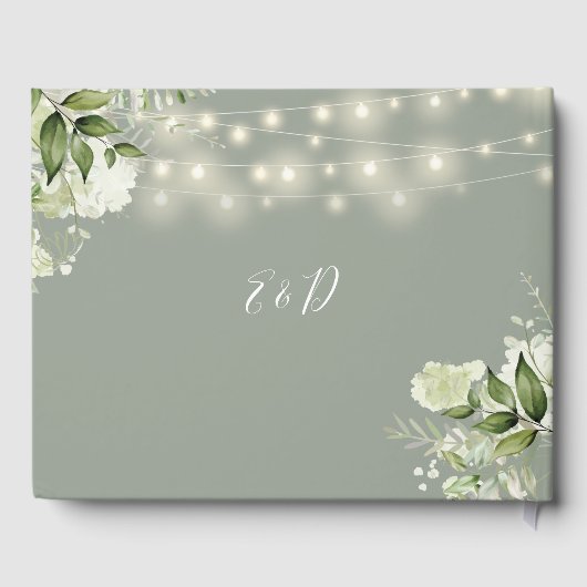 Sage Groene Bloemen String Lights Bruiloft Gastenboek (Achterkant)