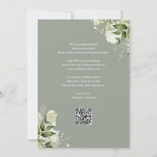 Sage Groene Bloemen String Lights QR Code Bruiloft Save The Date (Achterkant)