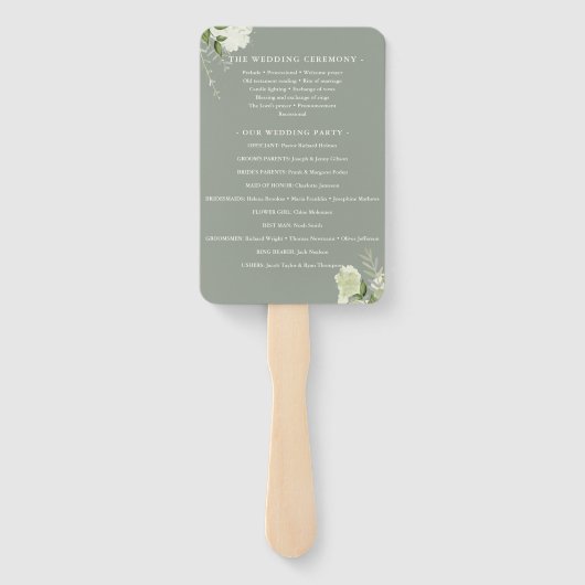 Sage Groene Bloemen String Lights Trouwprogramma Handwaaier (Achterkant)