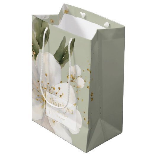 Sage Groene Bloemen Waterverf Dank u Bruiloft Medium Cadeauzakje (Voorkant Gekanteld)