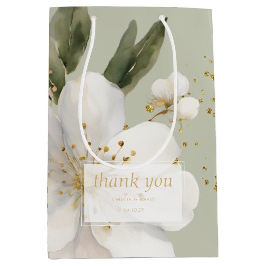 Sage Groene Bloemen Waterverf Dank u Bruiloft Medium Cadeauzakje (Voorkant)