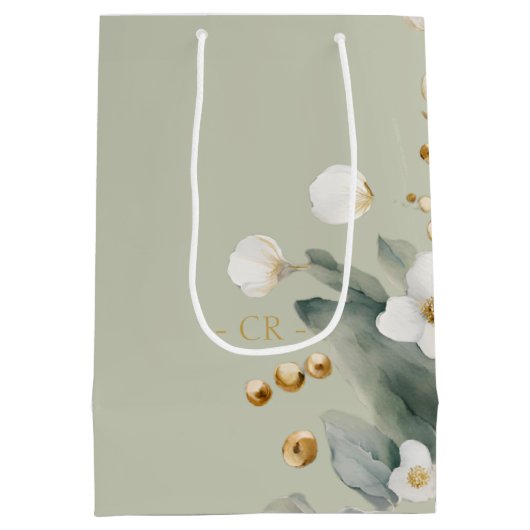 Sage Groene Bloemen Waterverf Dank u Bruiloft Medium Cadeauzakje (Achterkant)