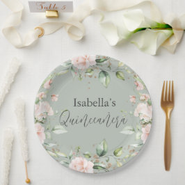 Sage Groene Bloemen Waterverf Quinceañera Papier Papieren Bordje