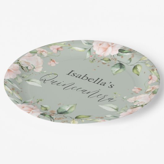 Sage Groene Bloemen Waterverf Quinceañera Papier Papieren Bordje (Gekanteld)