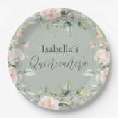 Sage Groene Bloemen Waterverf Quinceañera Papier Papieren Bordje (Voorkant)