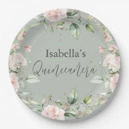 Sage Groene Bloemen Waterverf Quinceañera Papier Papieren Bordje