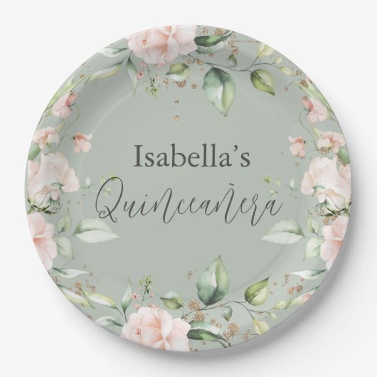 Sage Groene Bloemen Waterverf Quinceañera Papier Papieren Bordje (Voorkant)