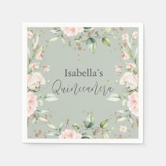 Sage Groene Bloemen Waterverf Quinceañera Papier Servet (Voorkant)
