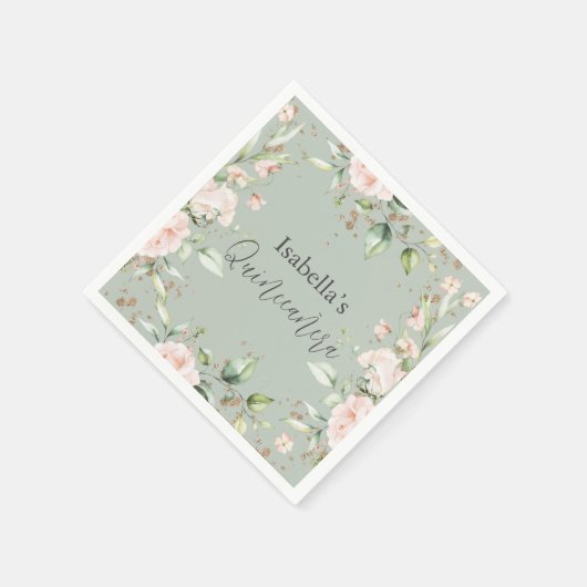 Sage Groene Bloemen Waterverf Quinceañera Papier Servet (Hoek)