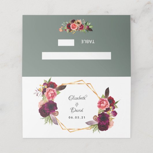 Sage groene bloemenboardbruiloft plaatskaartje (Buitenkant ongevouwen)