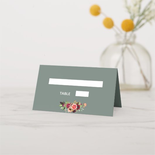 Sage groene bloemenboardbruiloft plaatskaartje (Achterkant)