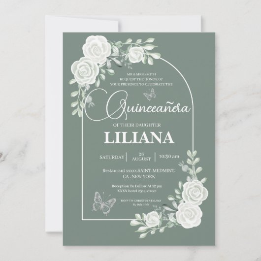 Sage Groene Bloemenboog en Vlinders Quinceañera Kaart (Voorkant)
