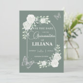 Sage Groene Bloemenboog en Vlinders Quinceañera Save The Date (Staand voorkant)