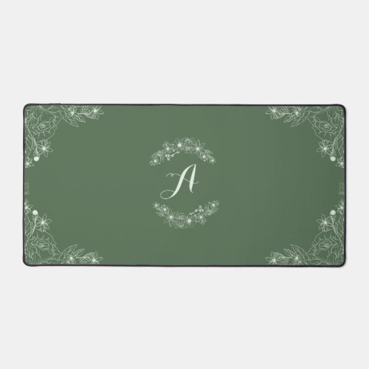Sage Groene Bloemengrens Aangepaste Naam Desk Mat (Voorkant)